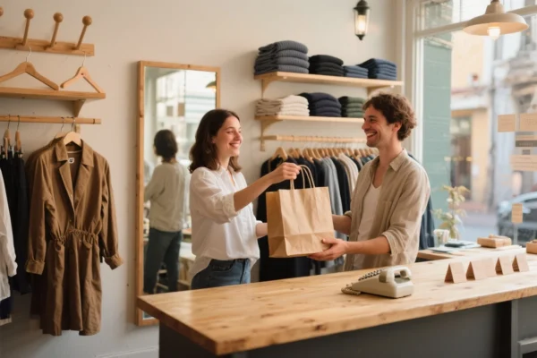 Cliente satisfecho interactuando con comerciante